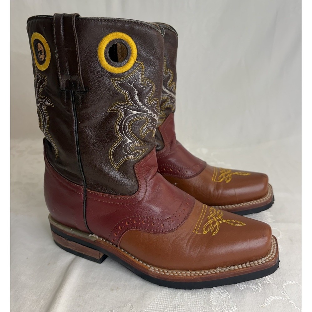 Herencia Cowboy Western Boots Brown Red Leather Size 23.5 MEX 4.5 US Youth